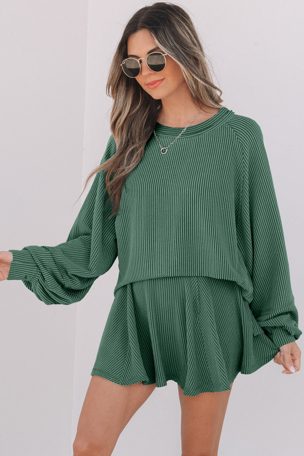 Mist Green Corded Lantern Sleeve Top High Waist Ruffled Mini Skort Set