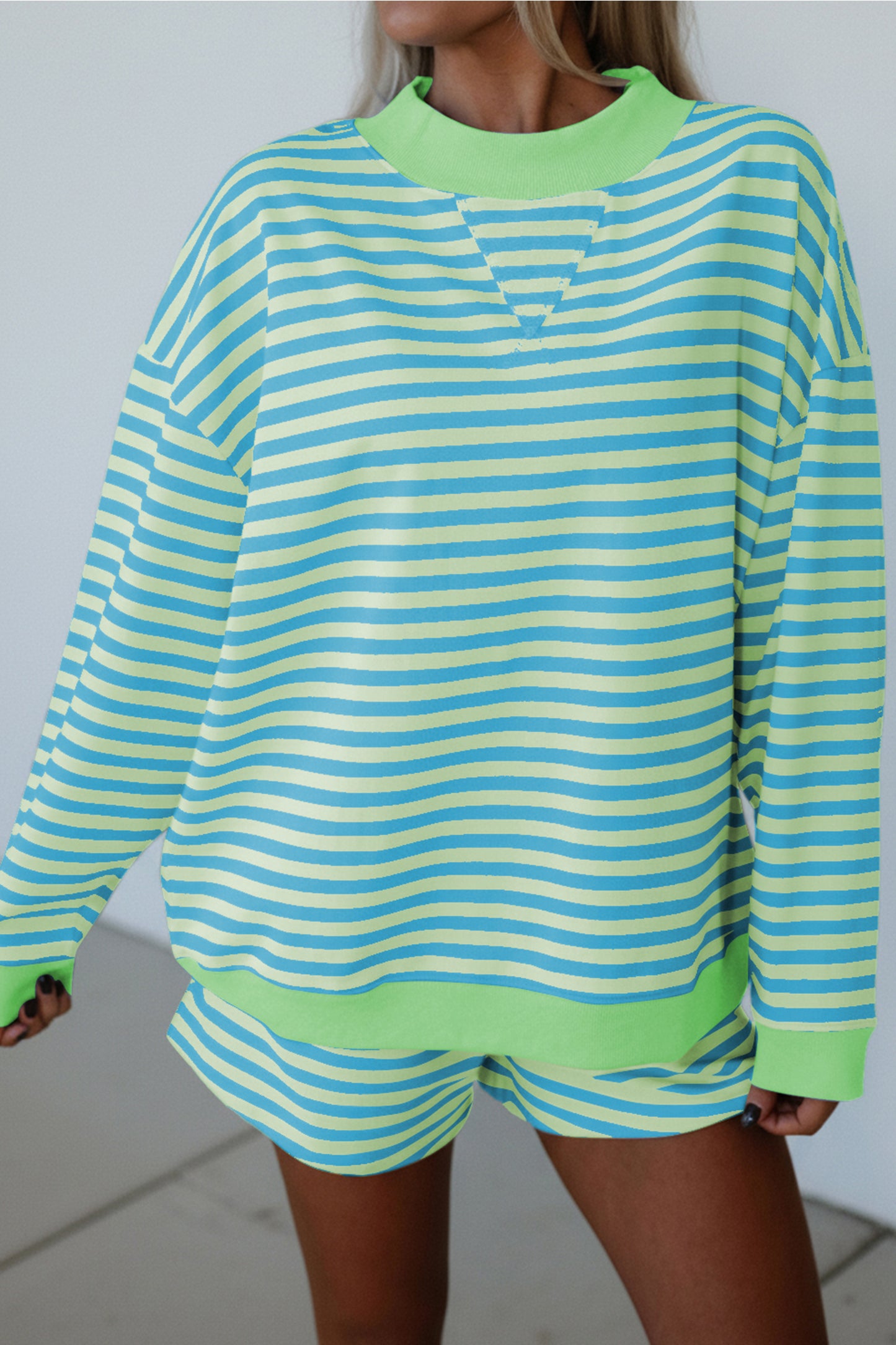 Pink Stripe Color Block Detail Long Sleeve Pullover Elastic Waist Pull On Shorts 2pcs Set
