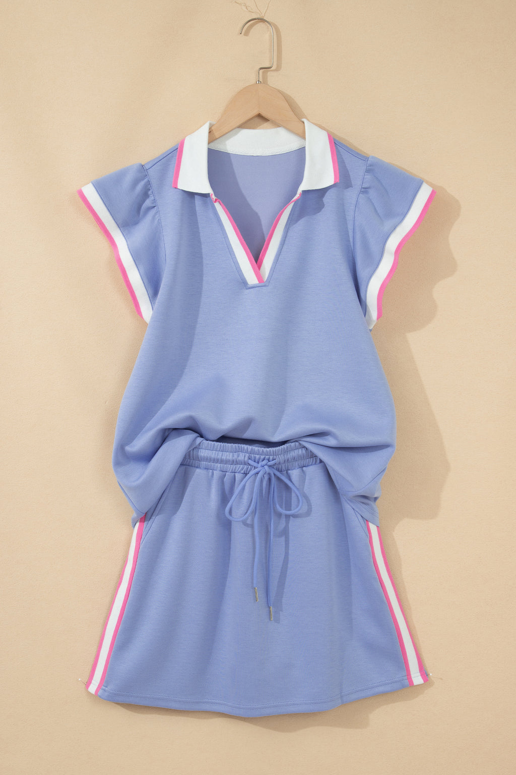 Sky Blue Preppy Striped Trim V Neck Polo Tee Drawstring Skort Set