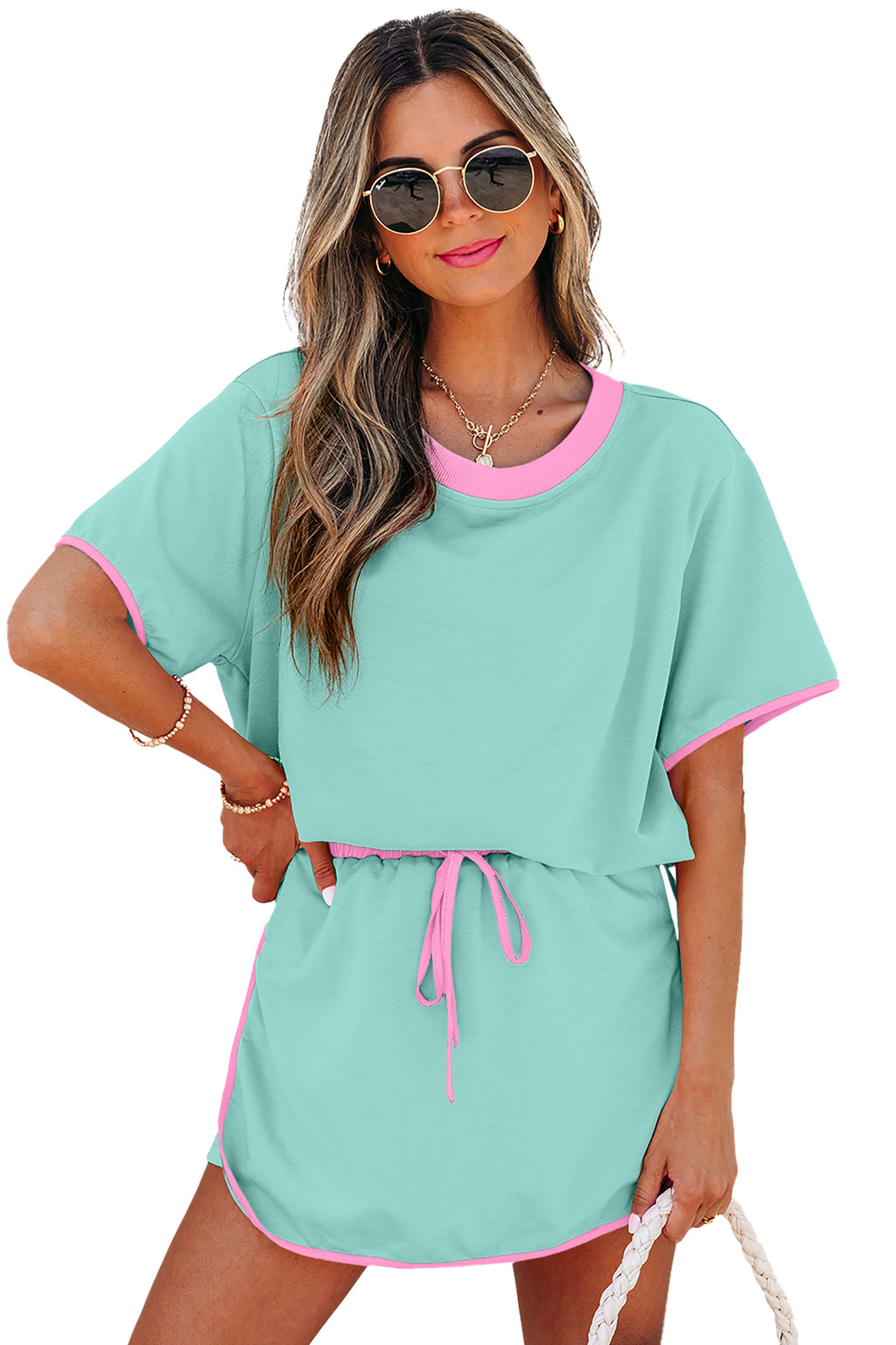 Moonlight Jade Colorblock Edge Drop Shoulder T Shirt and Skort 2Pcs Set