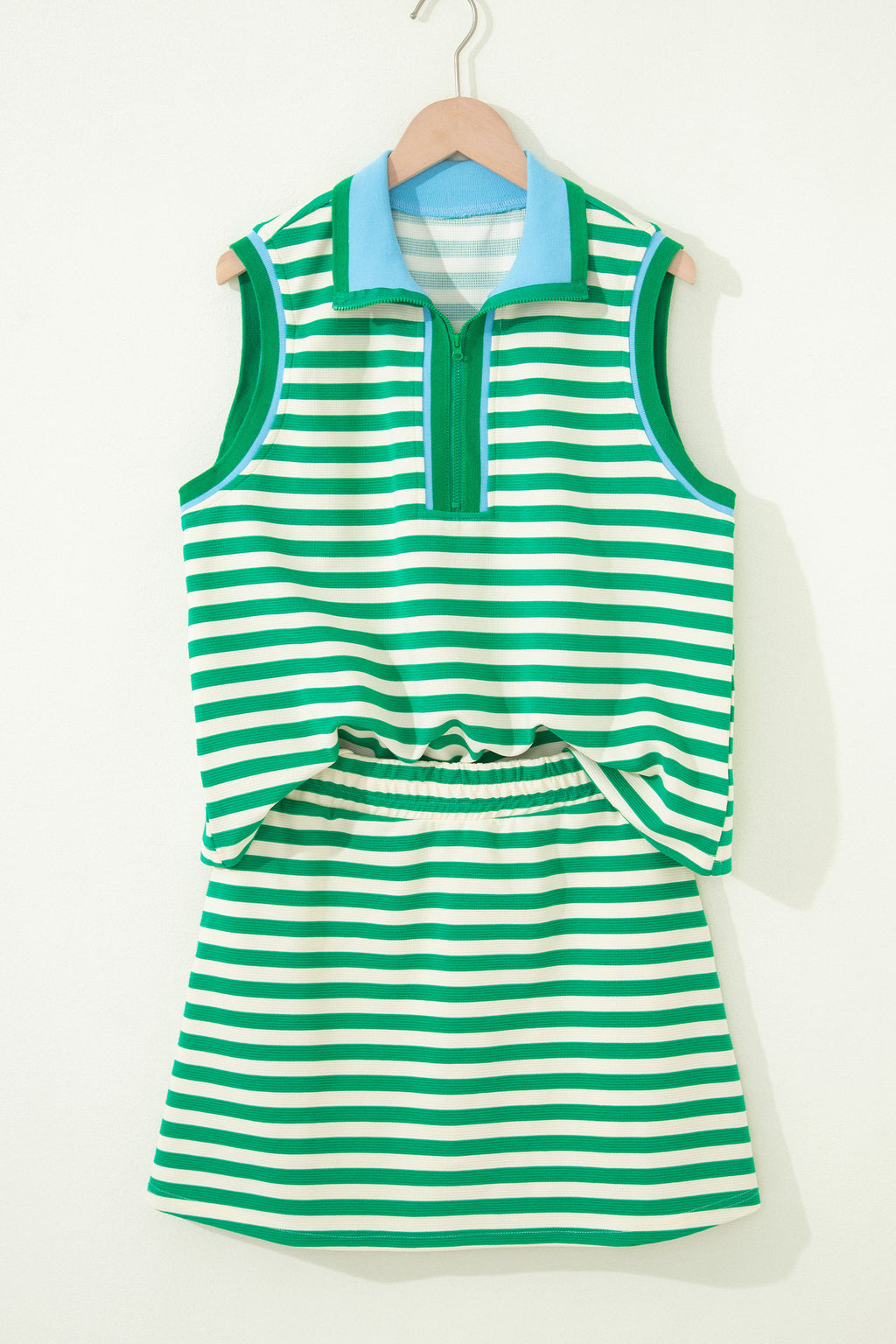 Bright Green Textured Stripe Print Contrast Trim Zip Collar Sleeveless 2pcs Skort Set
