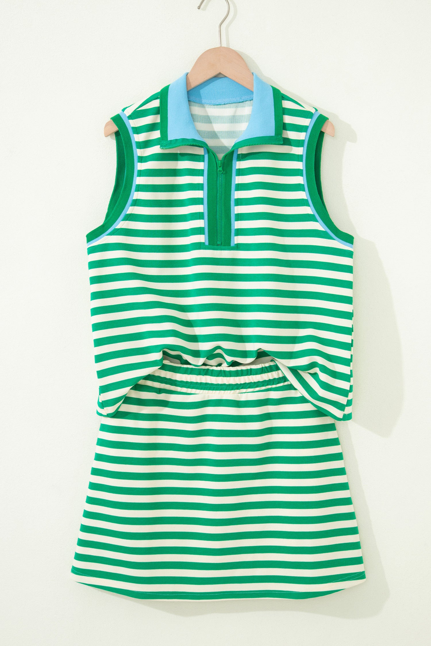 Bright Green Textured Stripe Print Contrast Trim Zip Collar Sleeveless 2pcs Skort Set