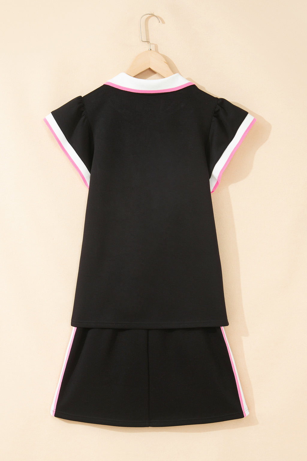Black Preppy Striped Trim V Neck Polo Tee Drawstring Skort Set