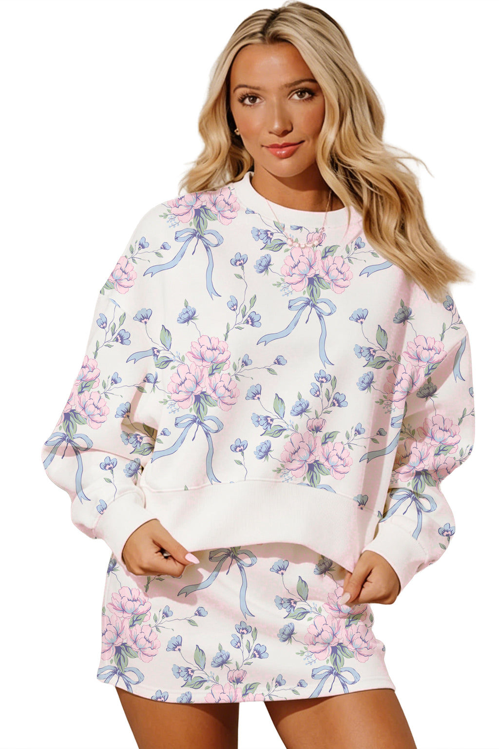 White Floral Print Long Sleeve Top Elastic Waist Skort Two Piece Dresses