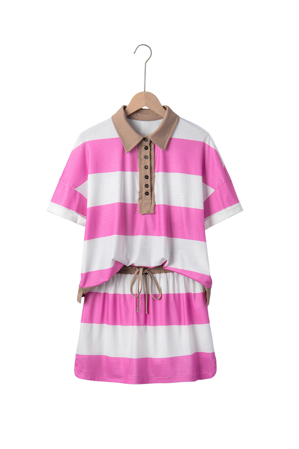 Rose Stripe Colorblock Trim Polo Tee Drawstring Mini Skort 2pcs Set