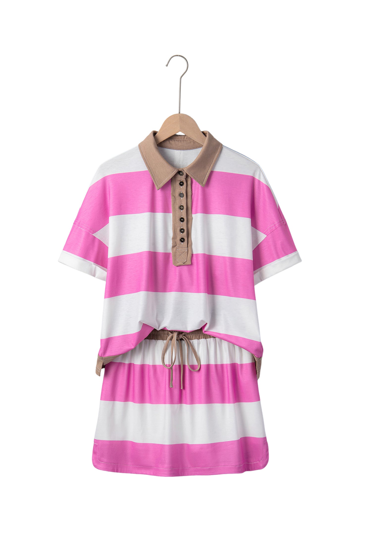 Rose Stripe Colorblock Trim Polo Tee Drawstring Mini Skort 2pcs Set