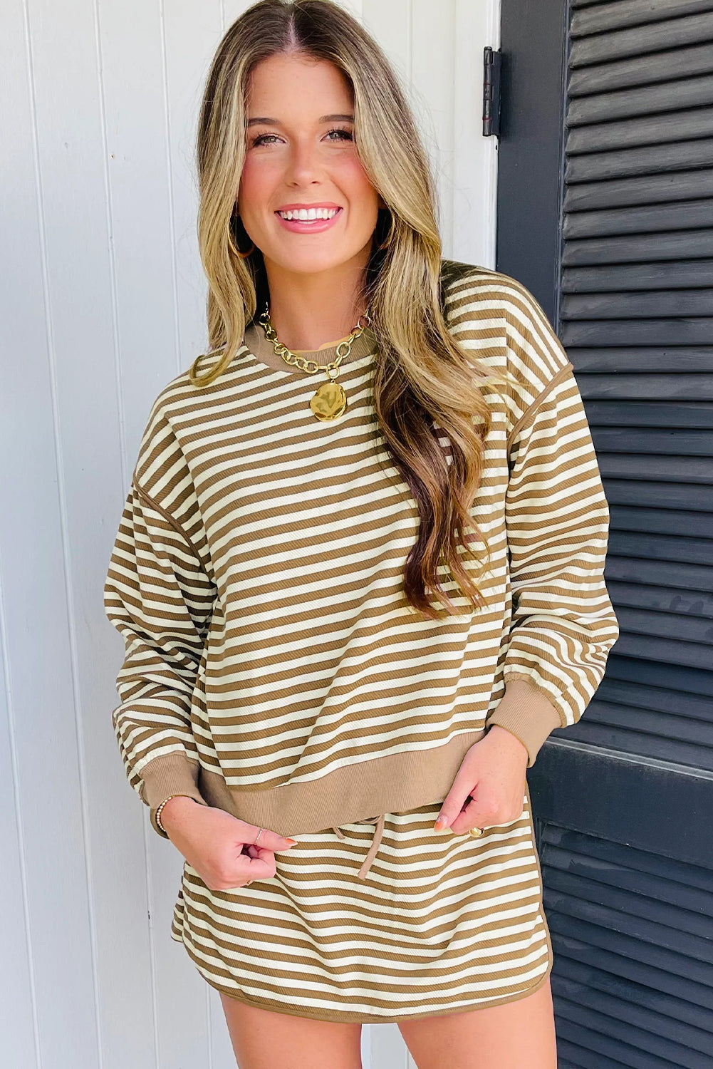 Brown Stripe Textured Drop Shoulder Pullover Top Drawstring Mini Skort Two Piece Dress Set