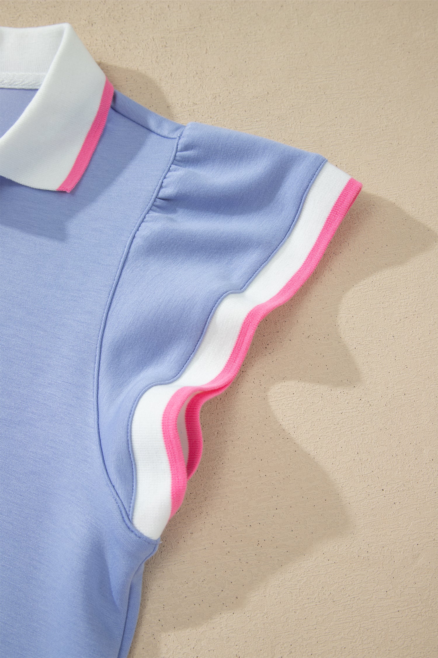Sky Blue Preppy Striped Trim V Neck Polo Tee Drawstring Skort Set