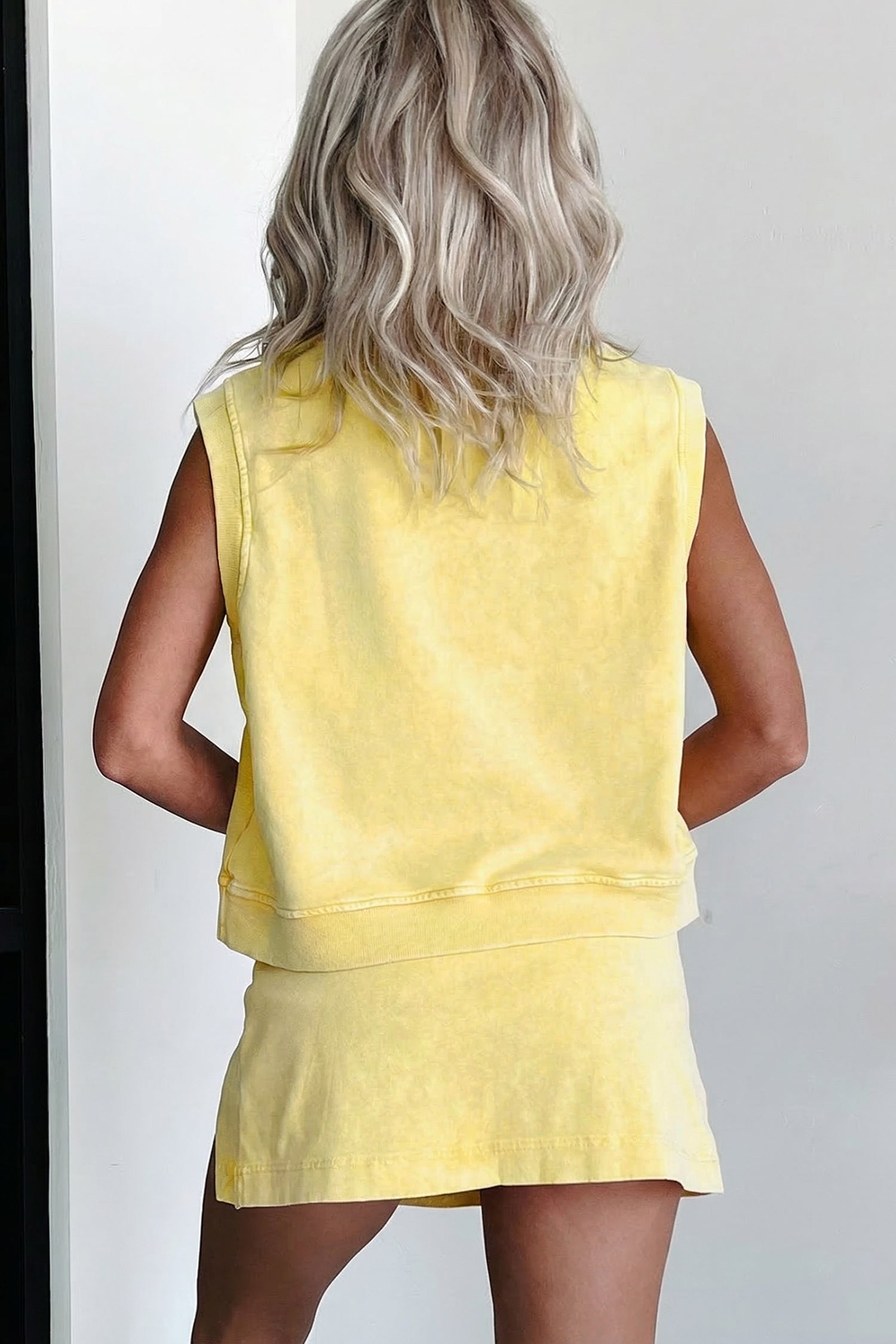 Yellow Cream Solid Color Washed Sleeveless Top Split Skort Cotton 2pcs Outfit