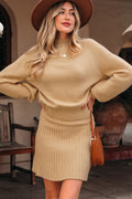 Smoke Gray High Neck Puff Sleeve Sweater Pleated Mini Skirt 2pcs Knitted Outfit
