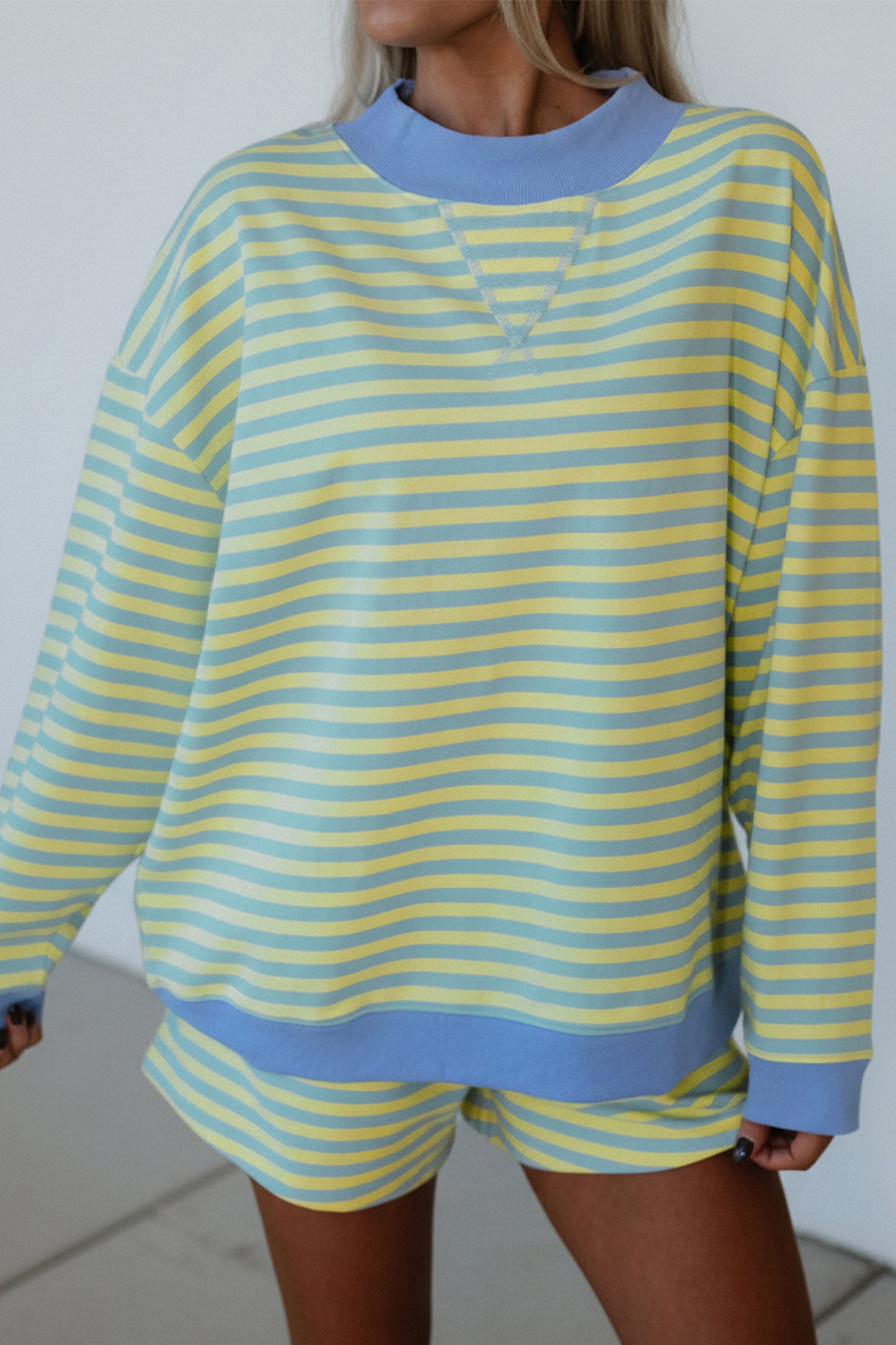 Pink Stripe Color Block Detail Long Sleeve Pullover Elastic Waist Pull On Shorts 2pcs Set
