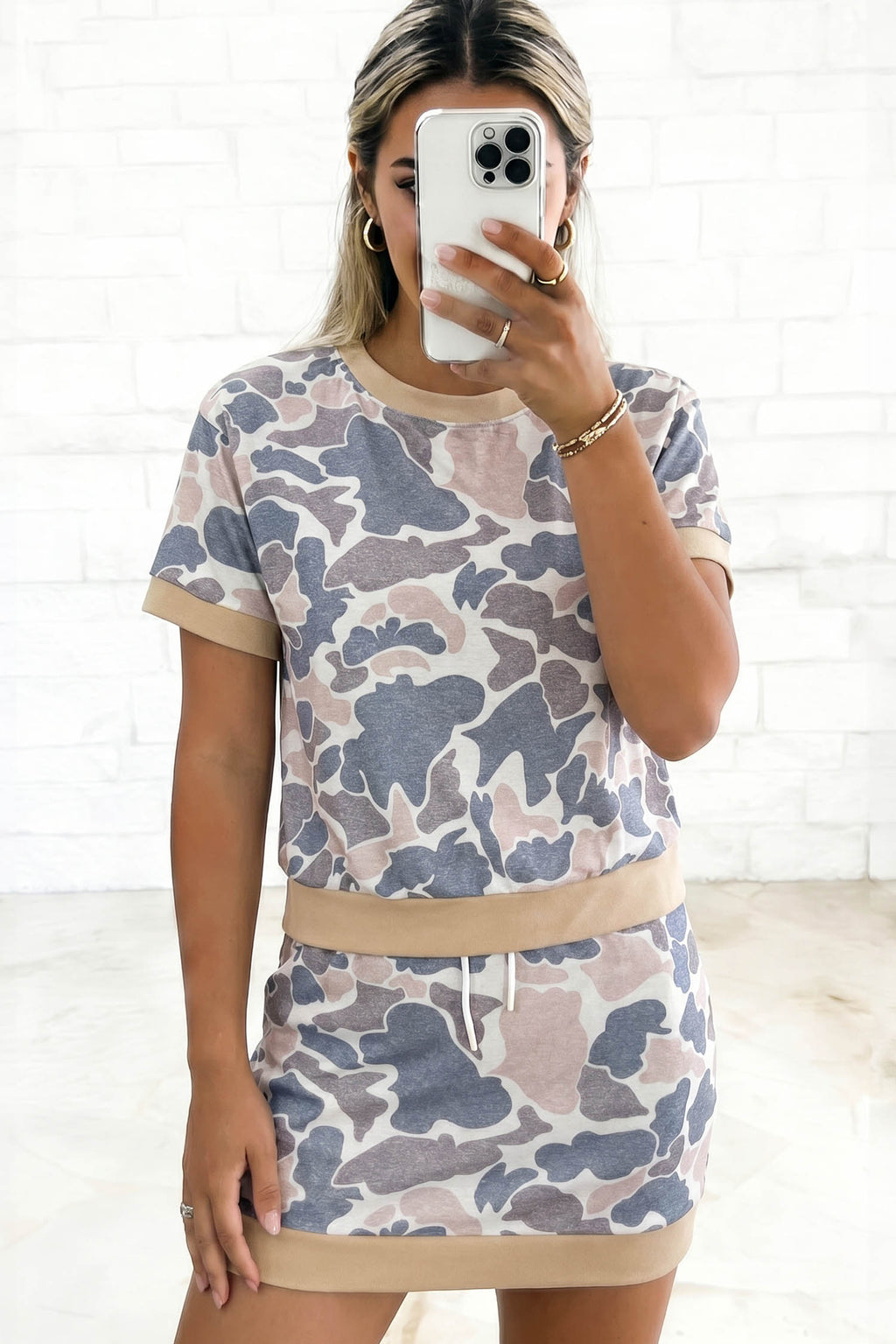 Multicolour Retro Camouflage Color Block Trim Skort 2pcs Outfit