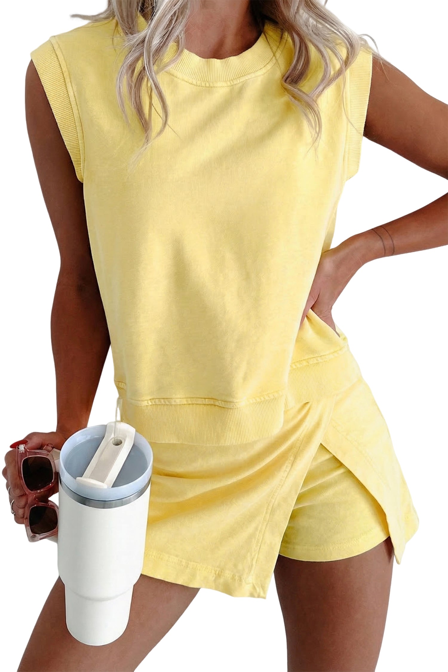 Yellow Cream Solid Color Washed Sleeveless Top Split Skort Cotton 2pcs Outfit