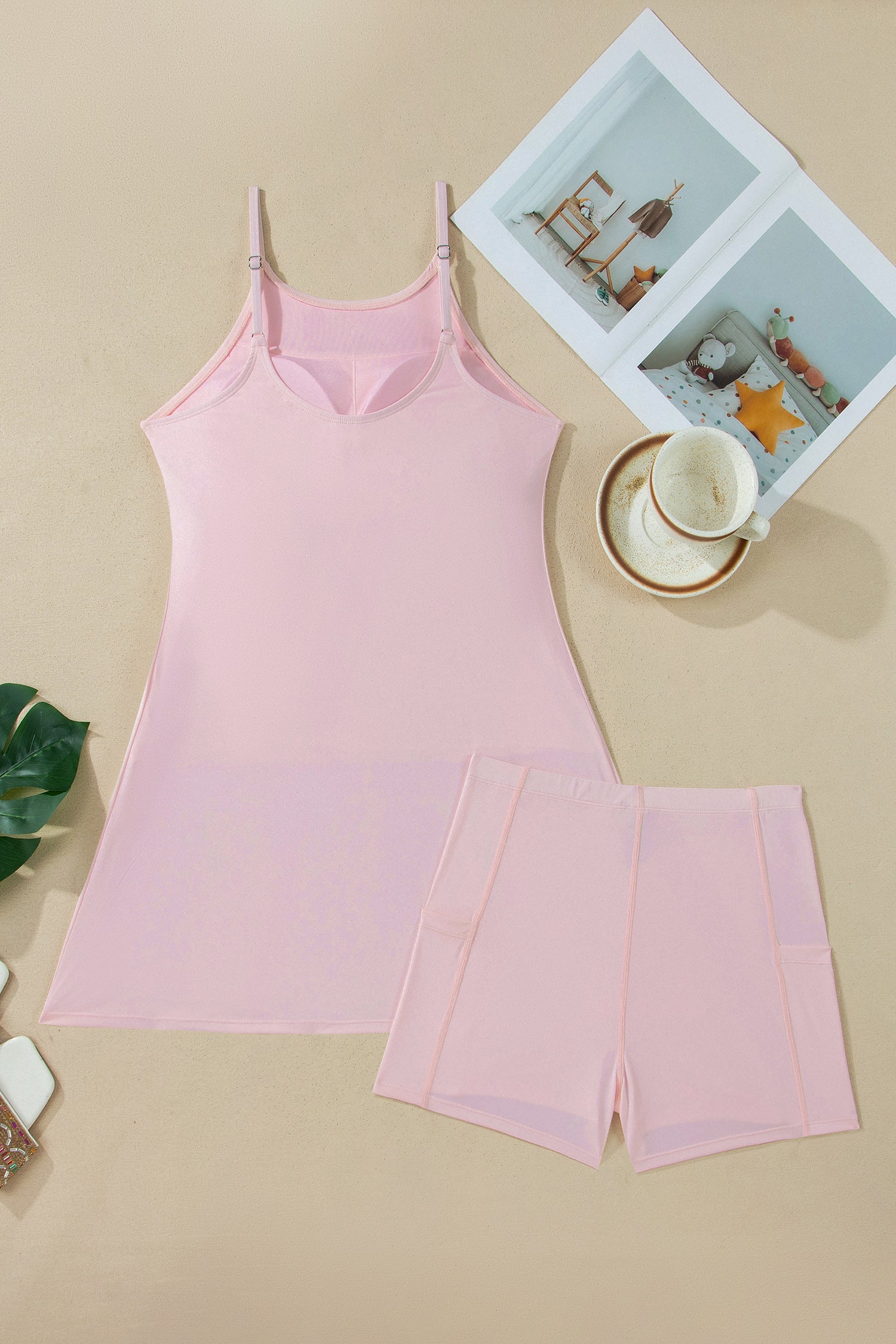 Pink Solid Color Tunic Tank Dress Athletic Shorts Two Piece Set