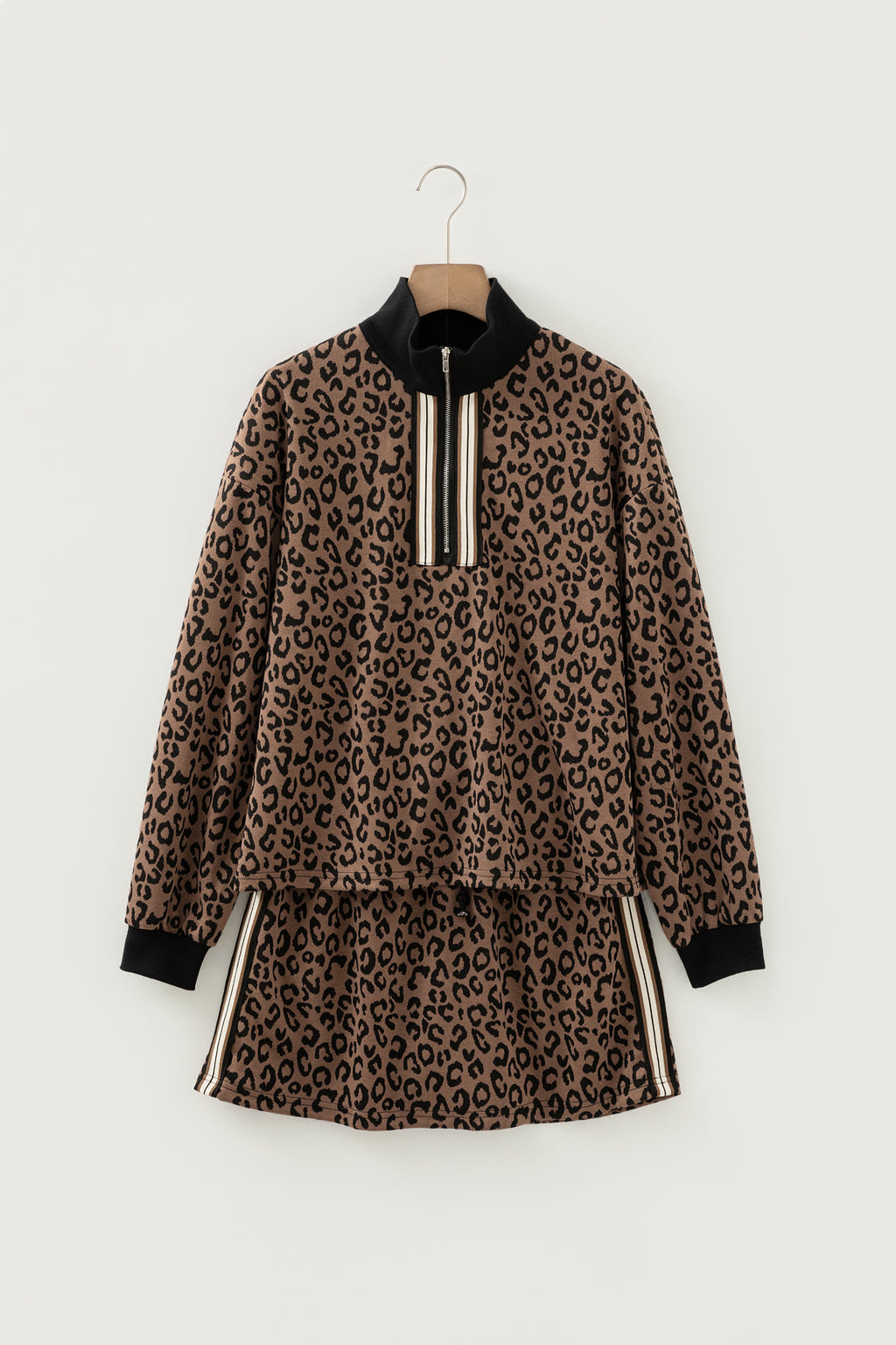 Khaki Leopard Print Quarter Zip Long Sleeve Top Mini Skirt Set
