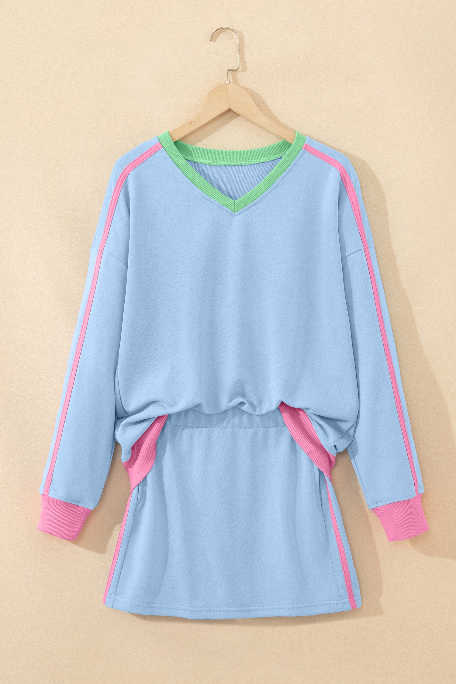Sky Blue Ribbed Colorblock Trim V Neck Sporty Pullover Mini Skort 2pcs Athleisure Set