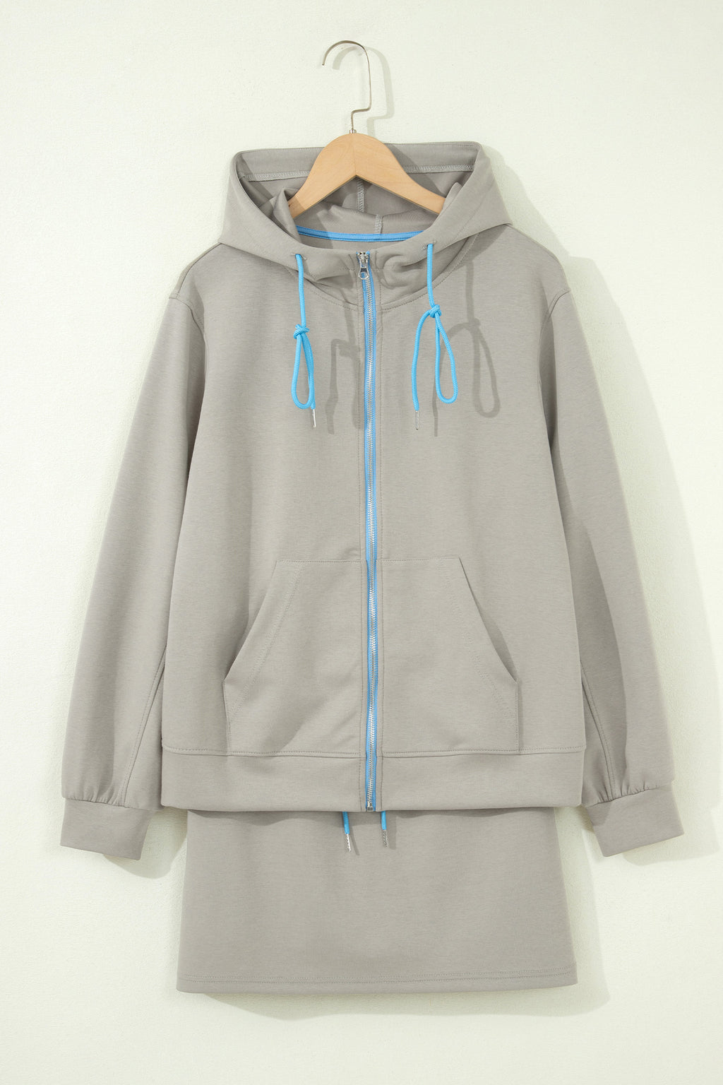 Smoke Green Contrast Trim Zip Up Sporty Jacket Drawstring Mini Skort 2pcs Set