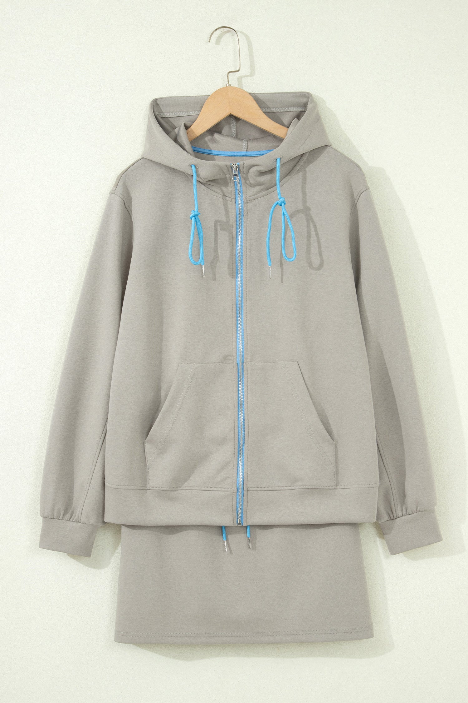 Smoke Green Contrast Trim Zip Up Sporty Jacket Drawstring Mini Skort 2pcs Set