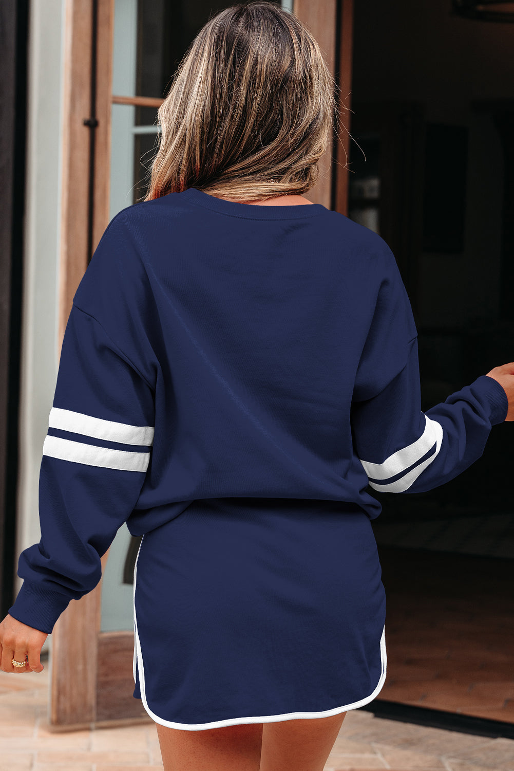 Navy Blue Varsity Stripe Detail Drop Shoulder Pullover Mini Skort Set