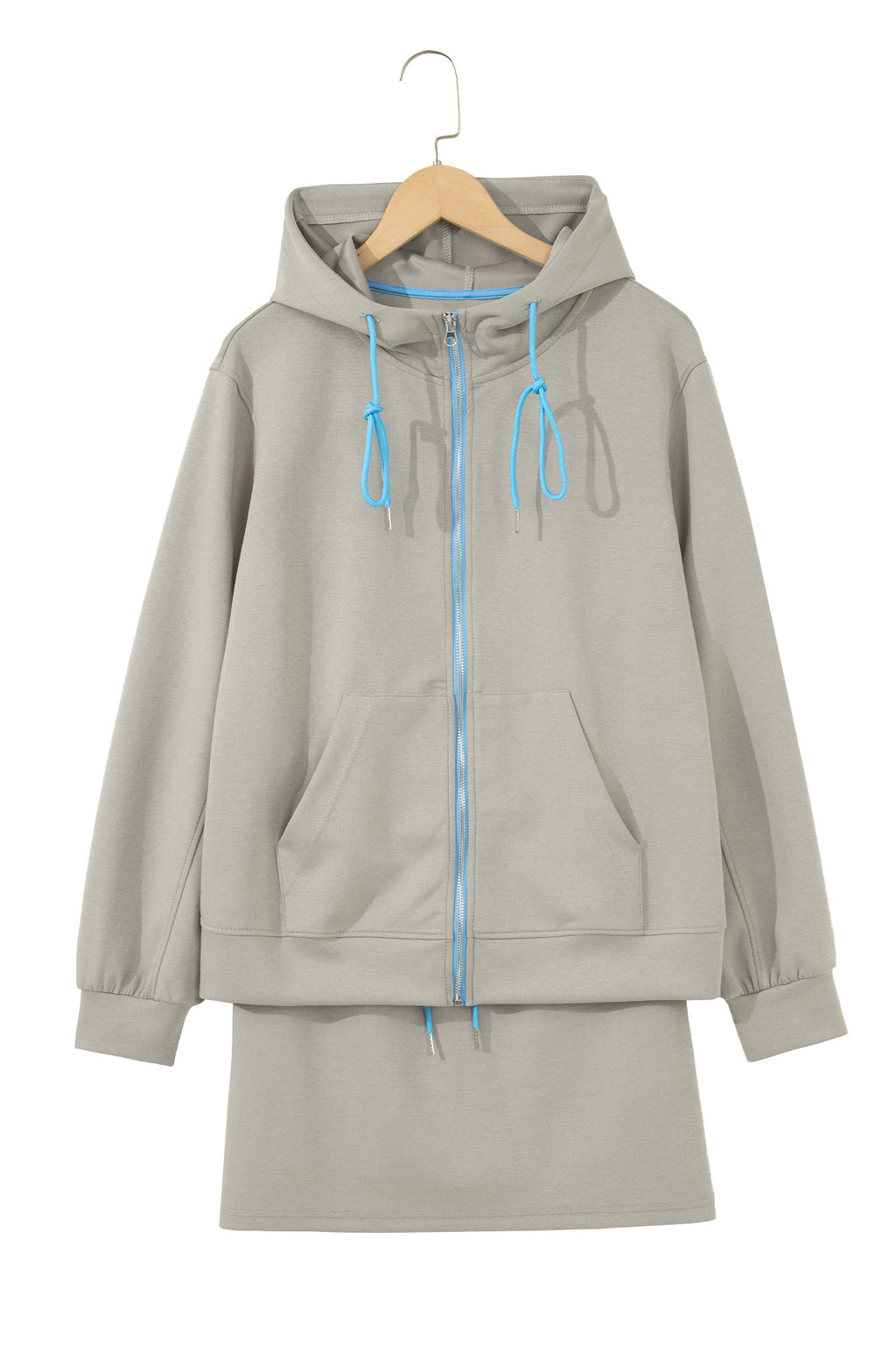 Smoke Green Contrast Trim Zip Up Sporty Jacket Drawstring Mini Skort 2pcs Set