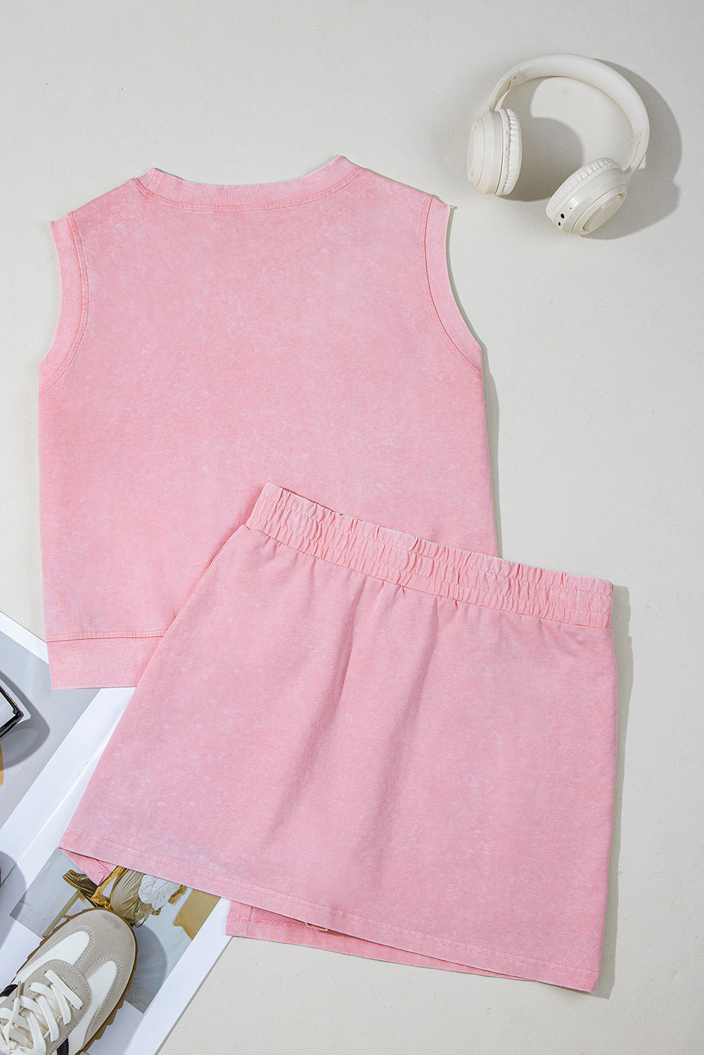 Light Pink Solid Color Washed Sleeveless Top Split Skort Cotton 2pcs Outfit