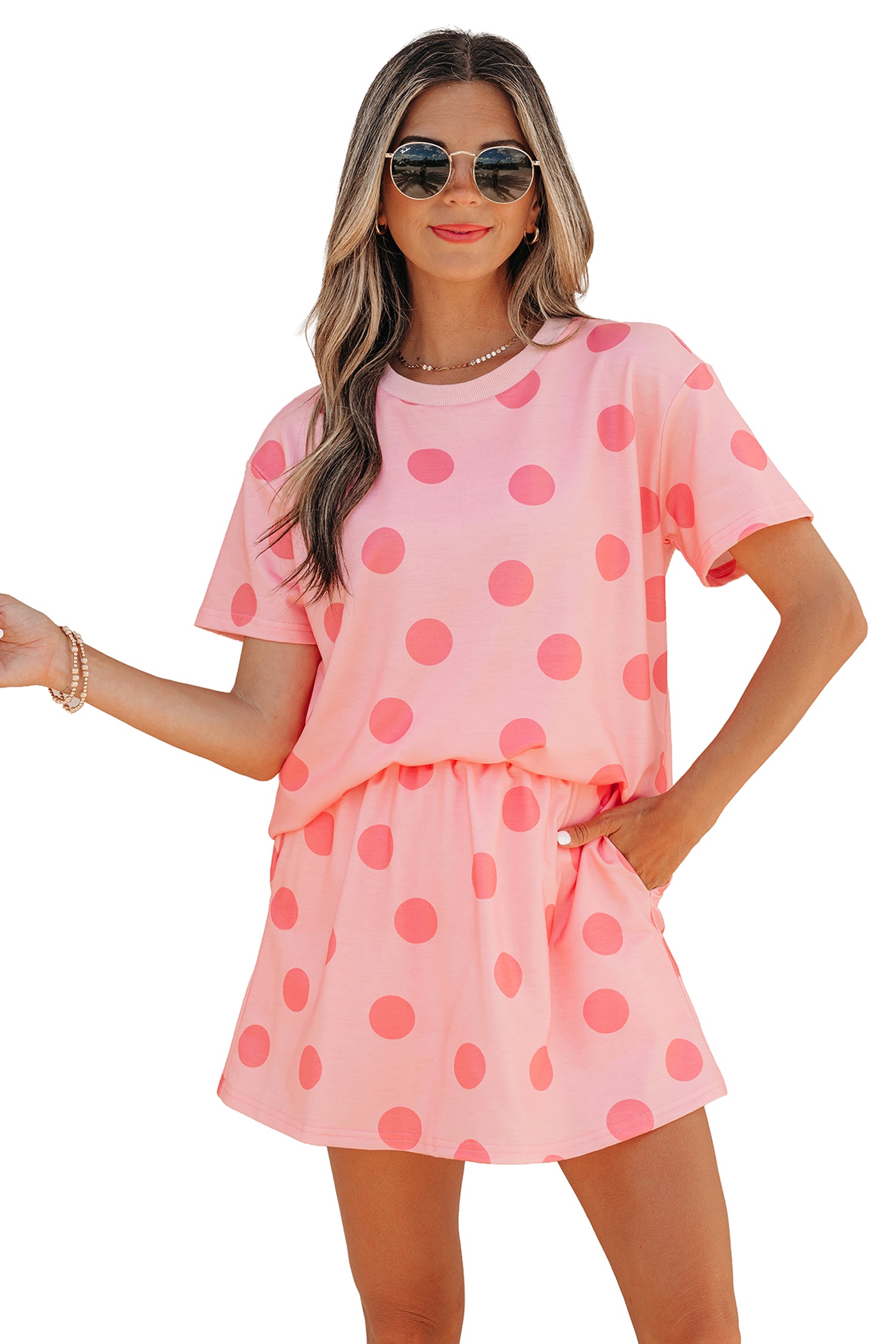 Pink Polka Dot Short Sleeve Top Casual Skort 2pcs Outfit