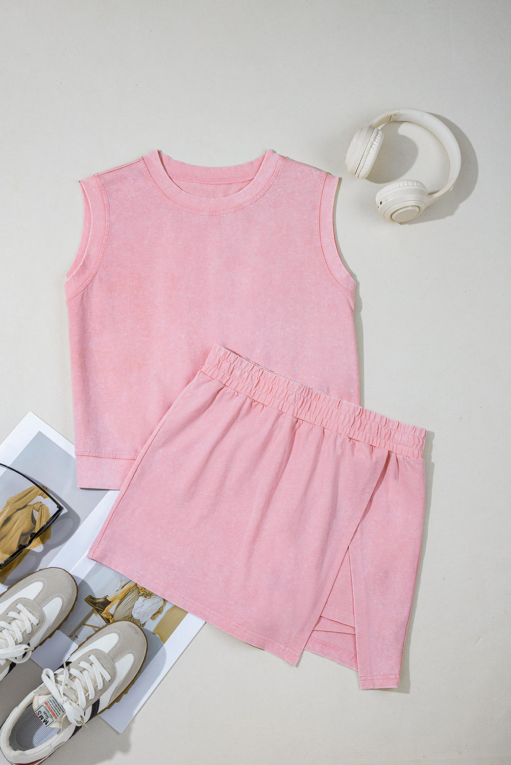 Light Pink Solid Color Washed Sleeveless Top Split Skort Cotton 2pcs Outfit