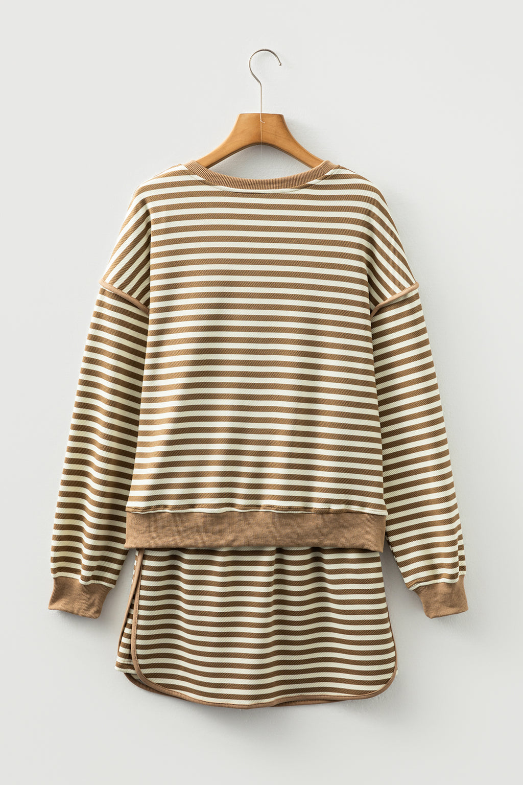 Brown Stripe Textured Drop Shoulder Pullover Top Drawstring Mini Skort Two Piece Dress Set