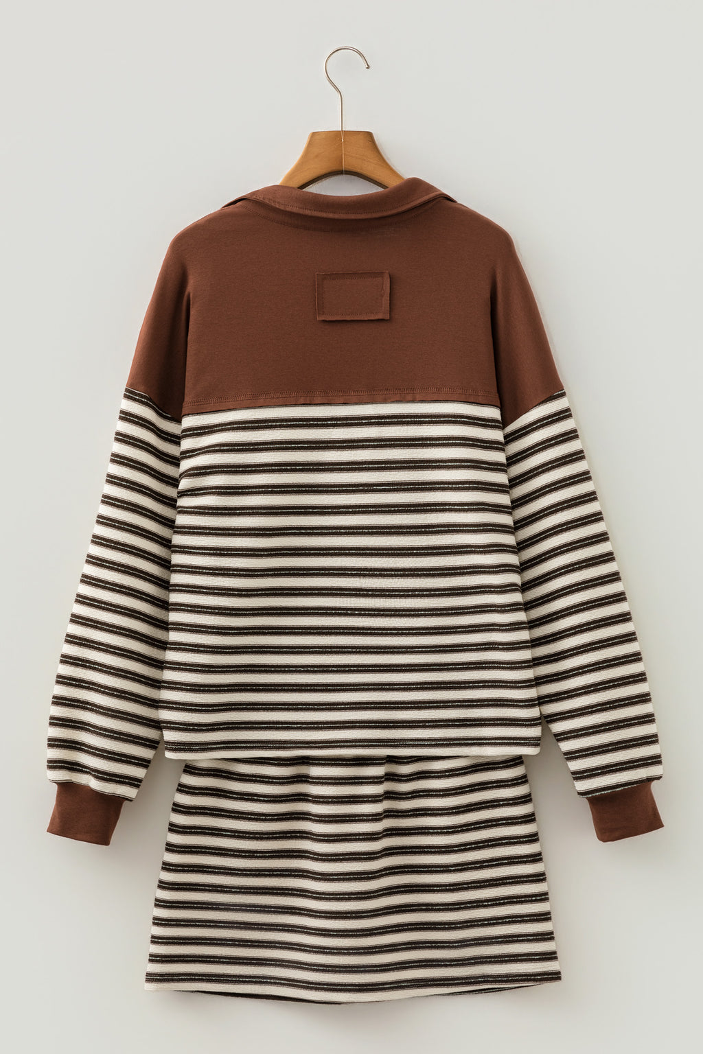 Brown Stripe Contrast Trim Button Neck Long Sleeve Top Drawstring Mini Skirt Set