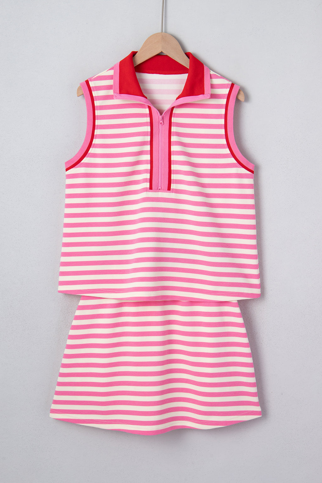 Sachet Pink Textured Stripe Print Contrast Trim Zip Collar Sleeveless 2pcs Skort Set
