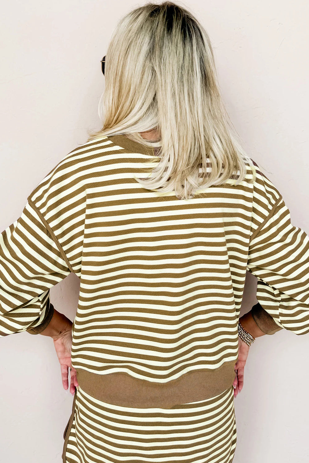 Brown Stripe Textured Drop Shoulder Pullover Top Drawstring Mini Skort Two Piece Dress Set
