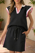 Black Preppy Striped Trim V Neck Polo Tee Drawstring Skort Set