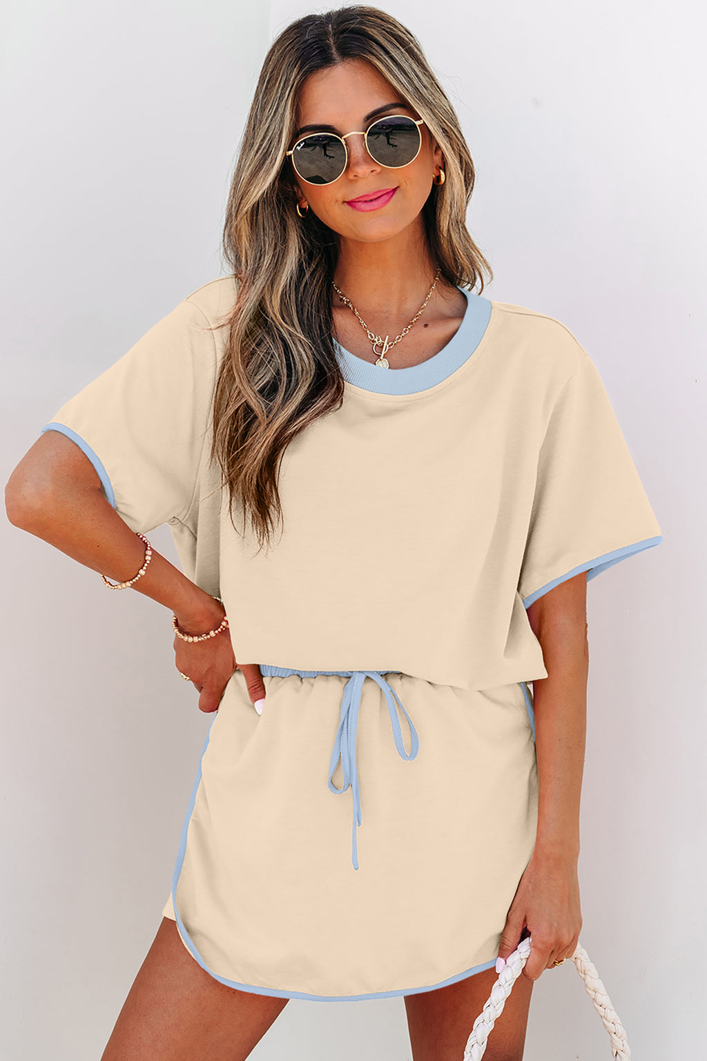 Apricot Colorblock Edge Drop Shoulder T Shirt and Skort 2Pcs Set