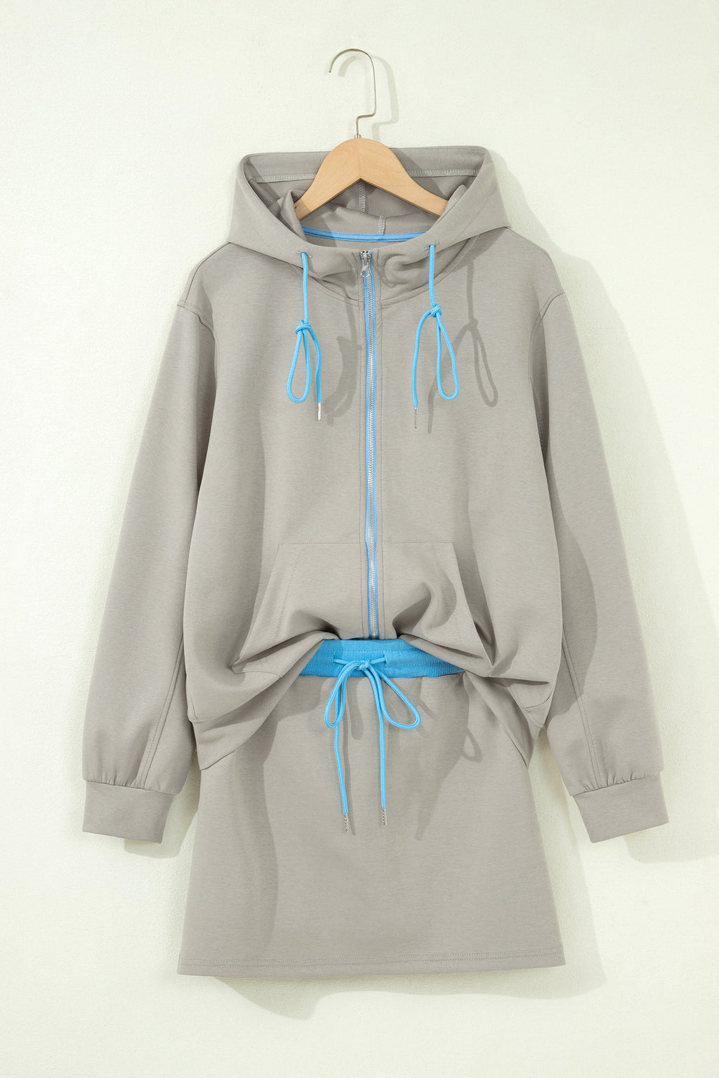 Smoke Green Contrast Trim Zip Up Sporty Jacket Drawstring Mini Skort 2pcs Set