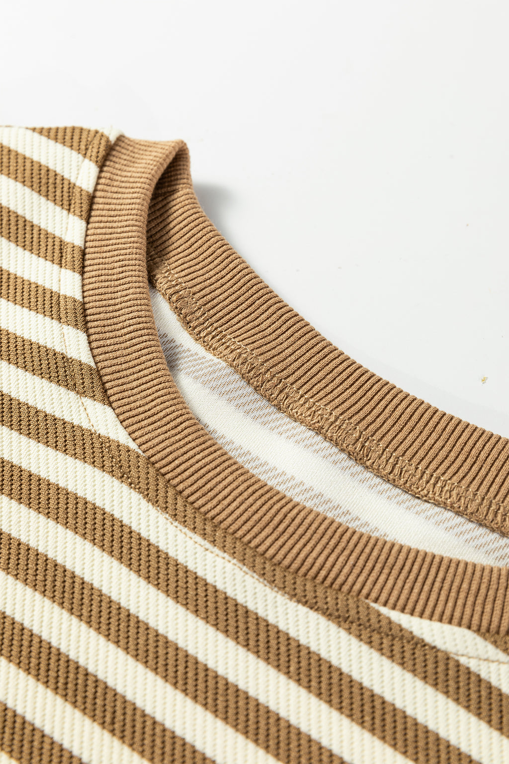 Brown Stripe Textured Drop Shoulder Pullover Top Drawstring Mini Skort Two Piece Dress Set