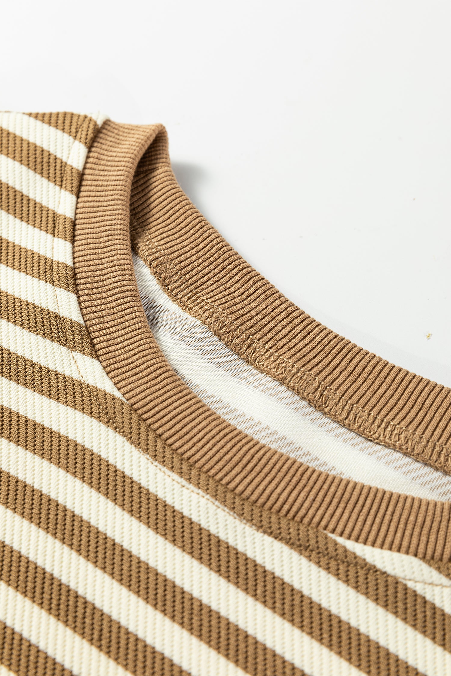 Brown Stripe Textured Drop Shoulder Pullover Top Drawstring Mini Skort Two Piece Dress Set