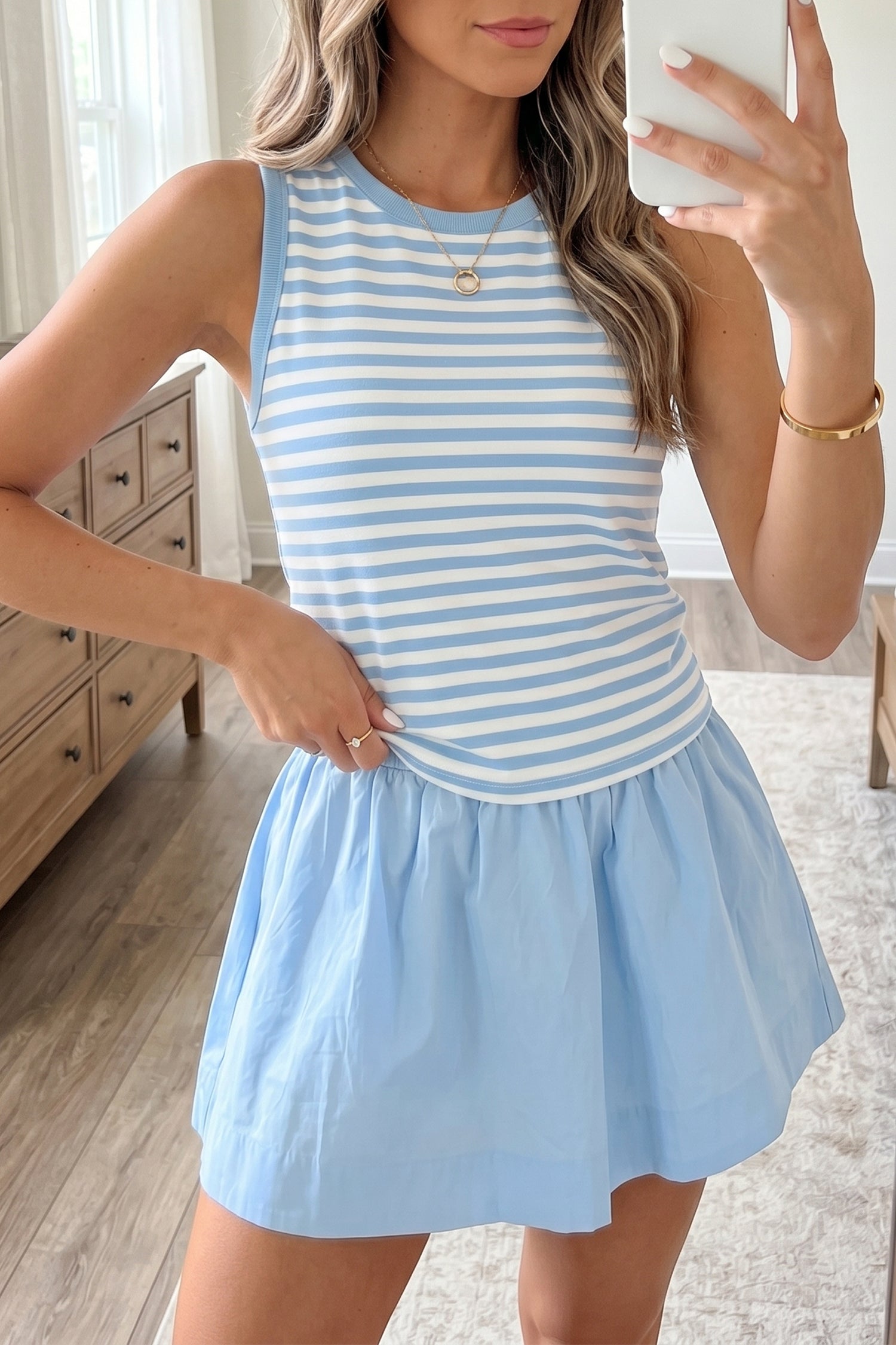 Sky Blue Stripe Slim Tank Contrast Ruffle Mini Skort Set