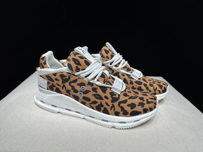 Women's leopard sneaker showing the breathable mesh upper and laces