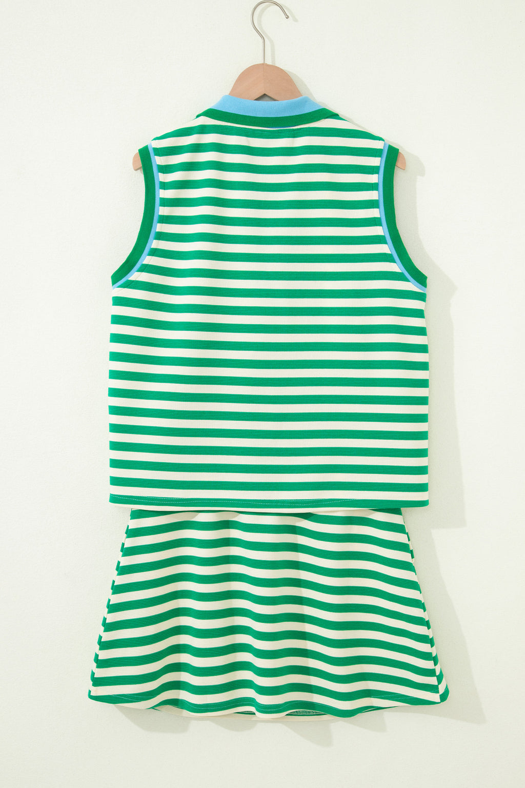 Bright Green Textured Stripe Print Contrast Trim Zip Collar Sleeveless 2pcs Skort Set