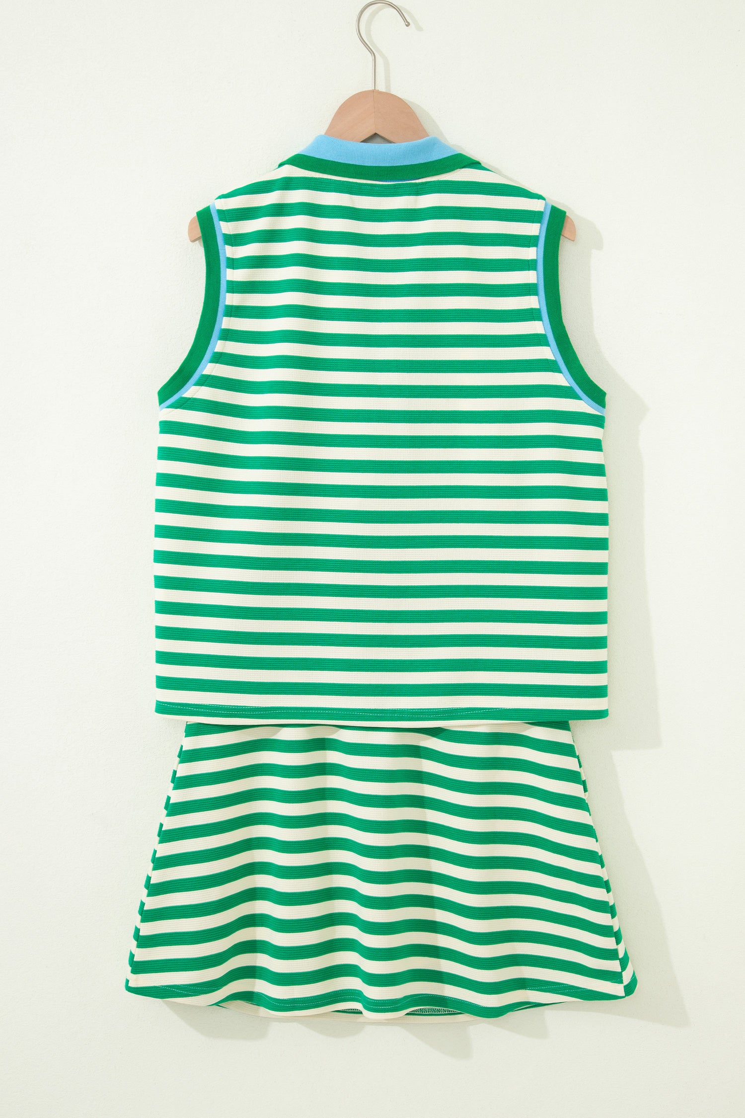 Bright Green Textured Stripe Print Contrast Trim Zip Collar Sleeveless 2pcs Skort Set