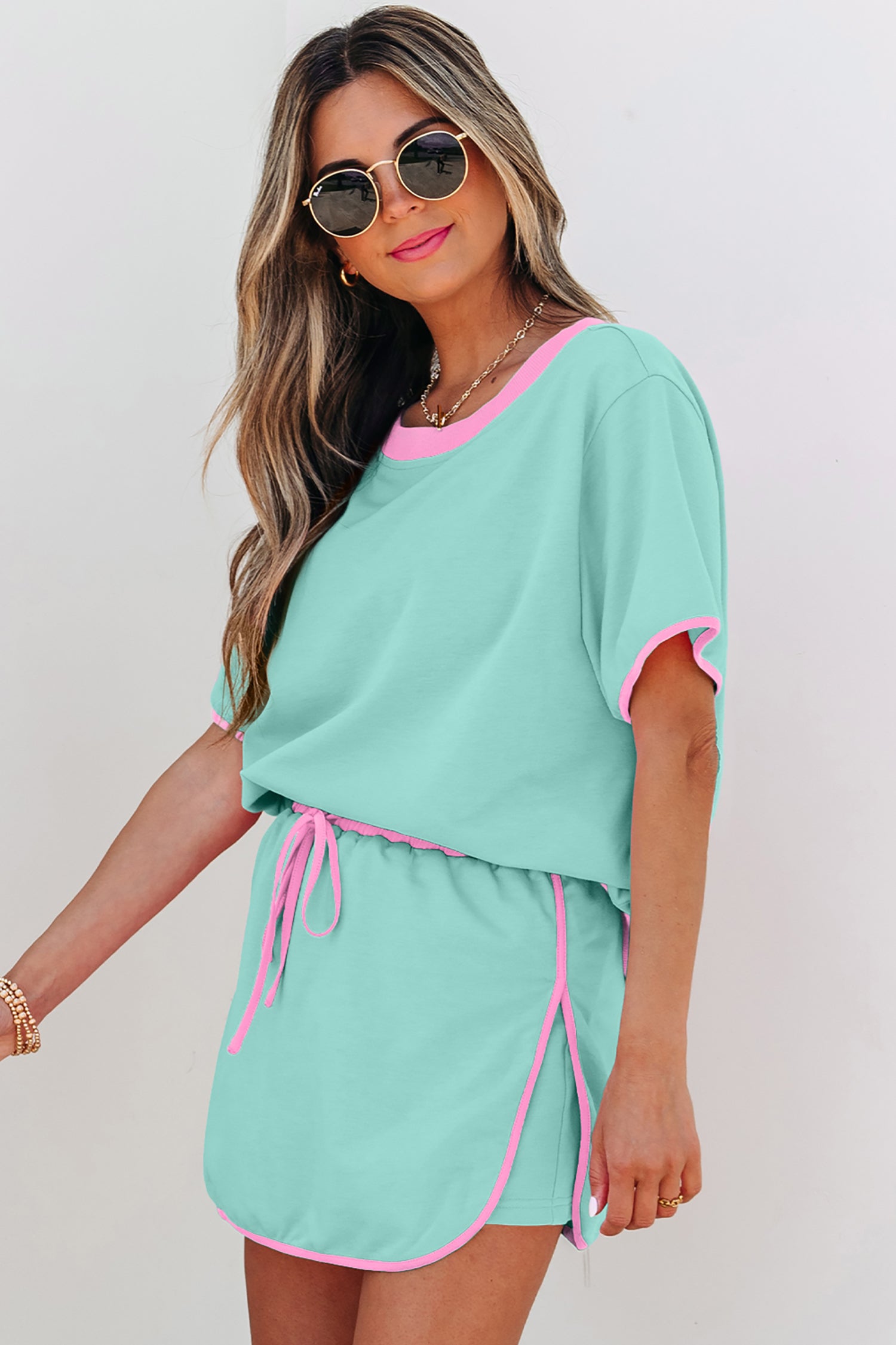 Moonlight Jade Colorblock Edge Drop Shoulder T Shirt and Skort 2Pcs Set