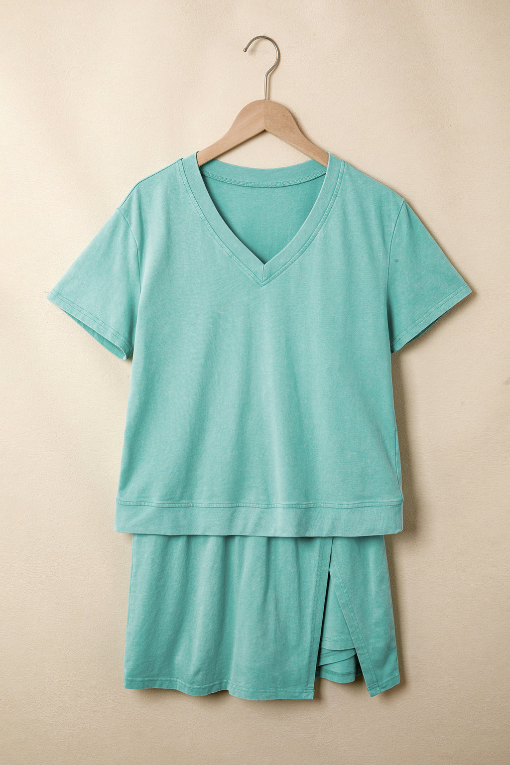 Mint Green Mineral Wash V Neck Tee Matching Skort Set