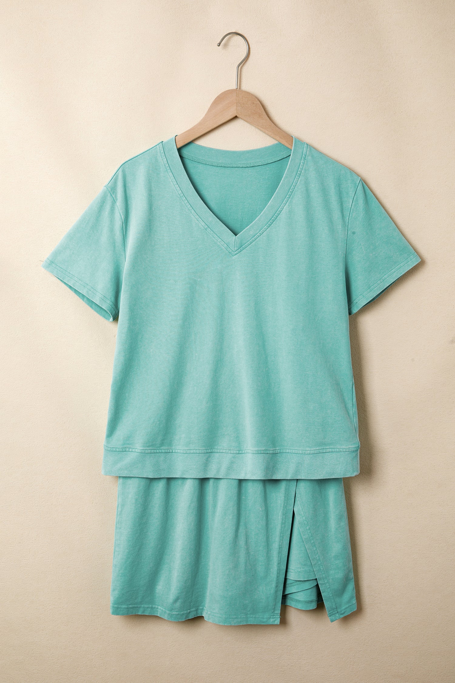 Mint Green Mineral Wash V Neck Tee Matching Skort Set