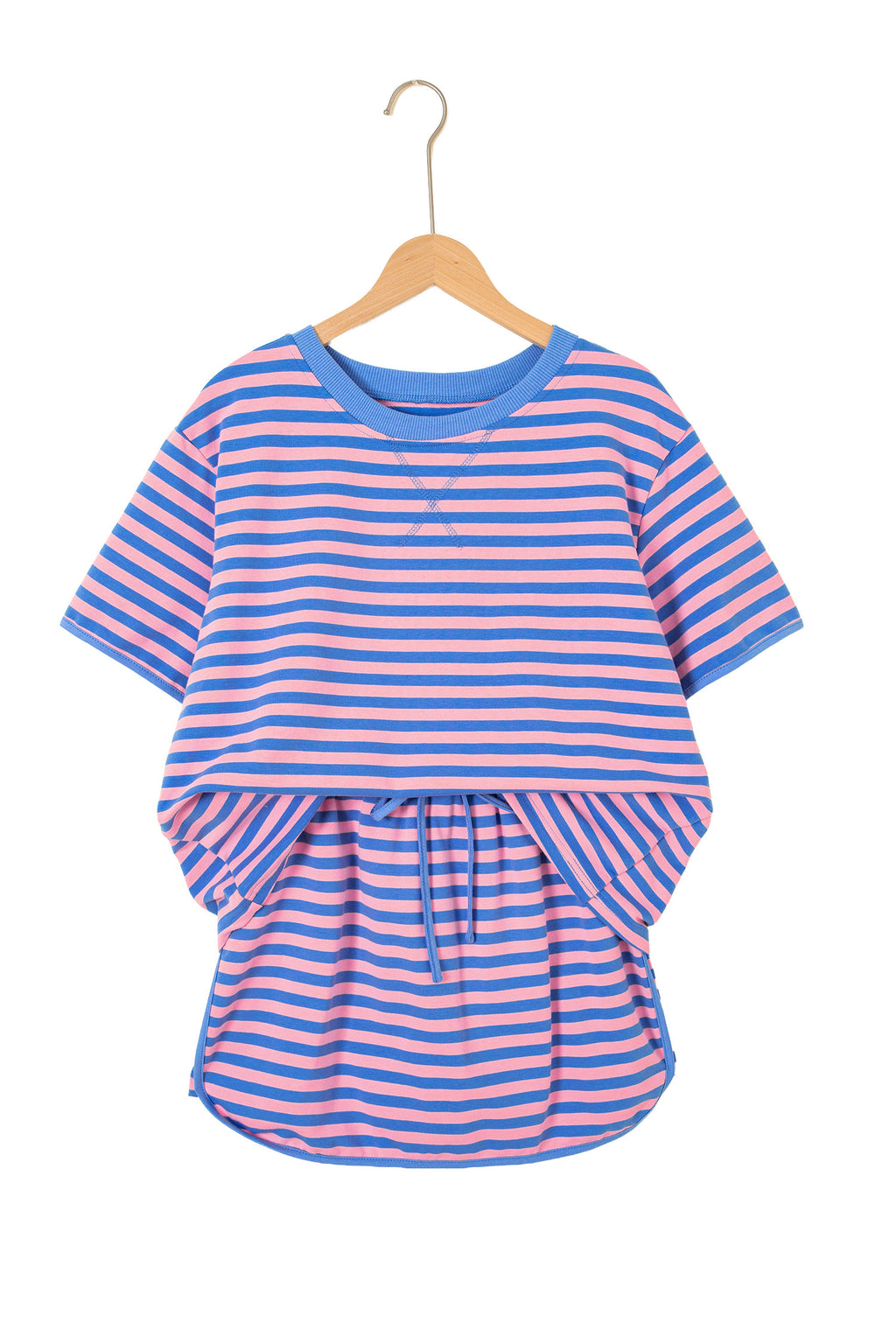 Blue Stripe Relaxed Short Sleeve Top Elastic Waist Drawstring Skort 2pcs Set