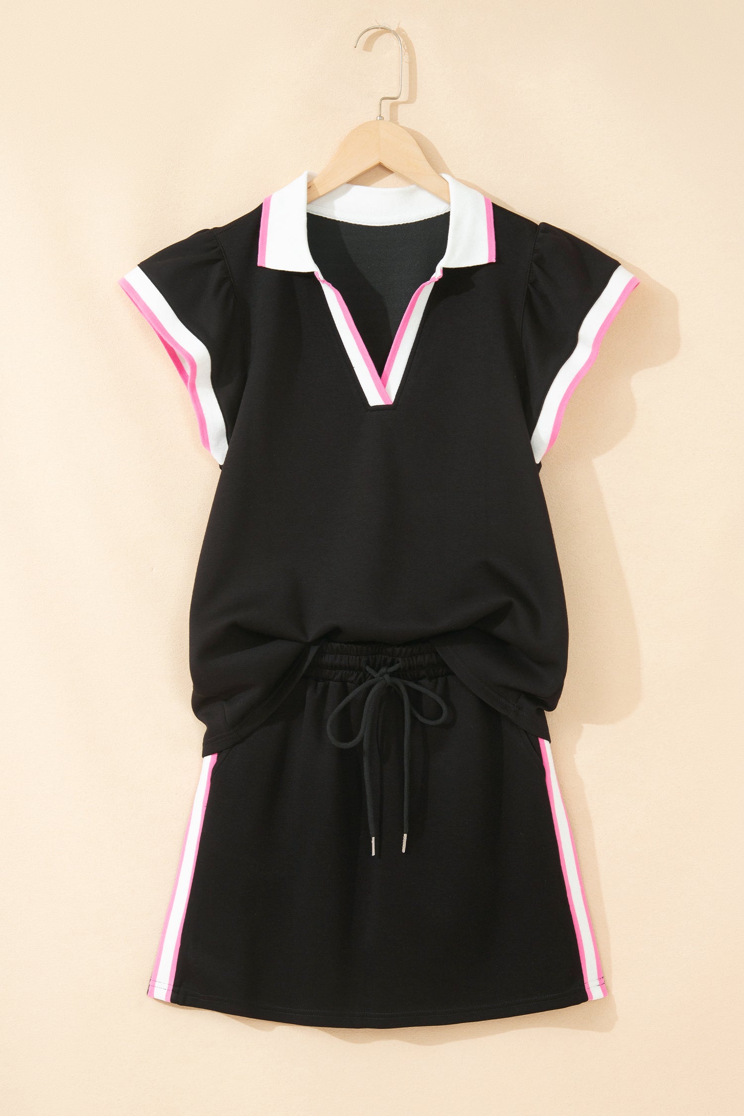 Black Preppy Striped Trim V Neck Polo Tee Drawstring Skort Set