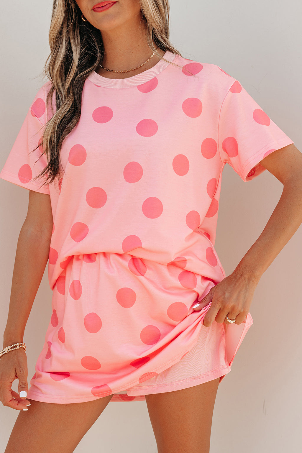 Pink Polka Dot Short Sleeve Top Casual Skort 2pcs Outfit