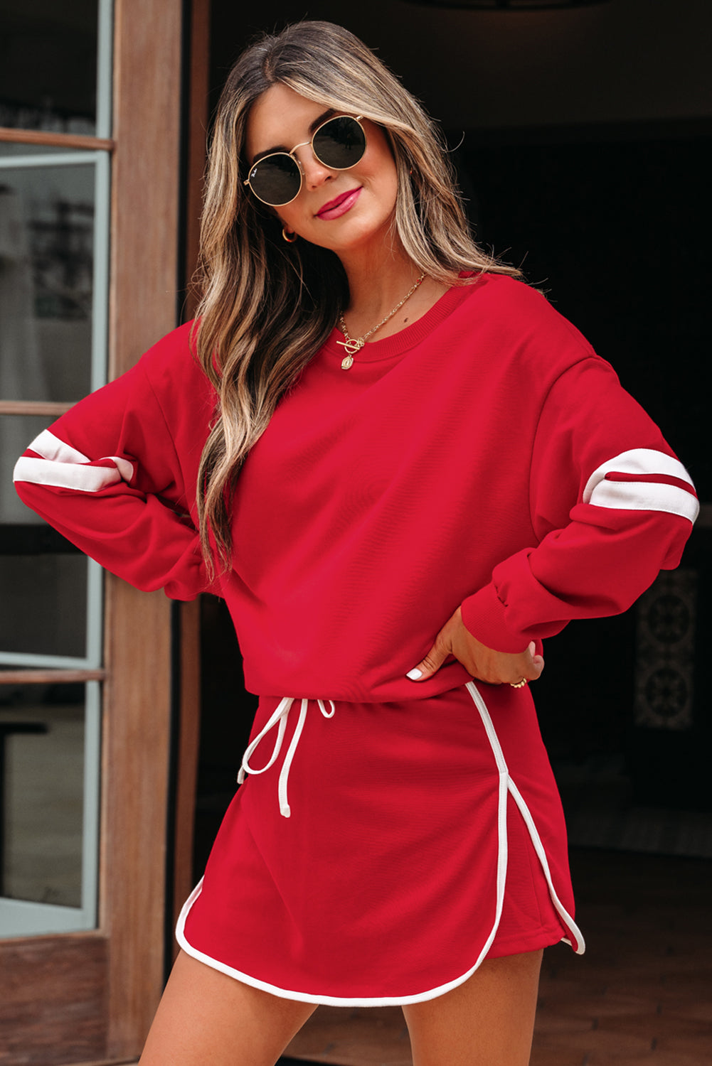 Fiery Red Varsity Stripe Detail Drop Shoulder Pullover Mini Skort Set