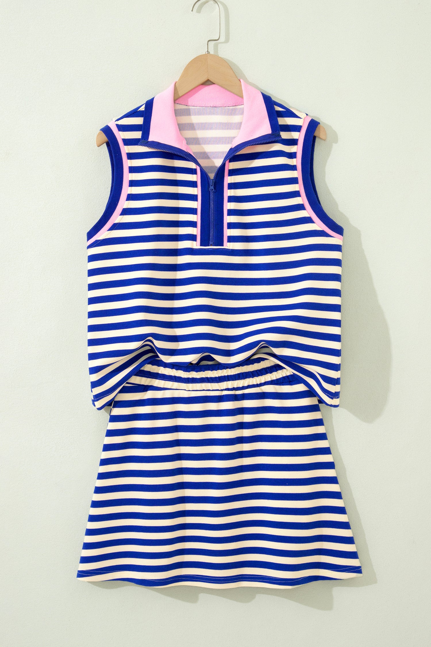 Dark Blue Textured Stripe Print Contrast Trim Zip Collar Sleeveless 2pcs Skort Set