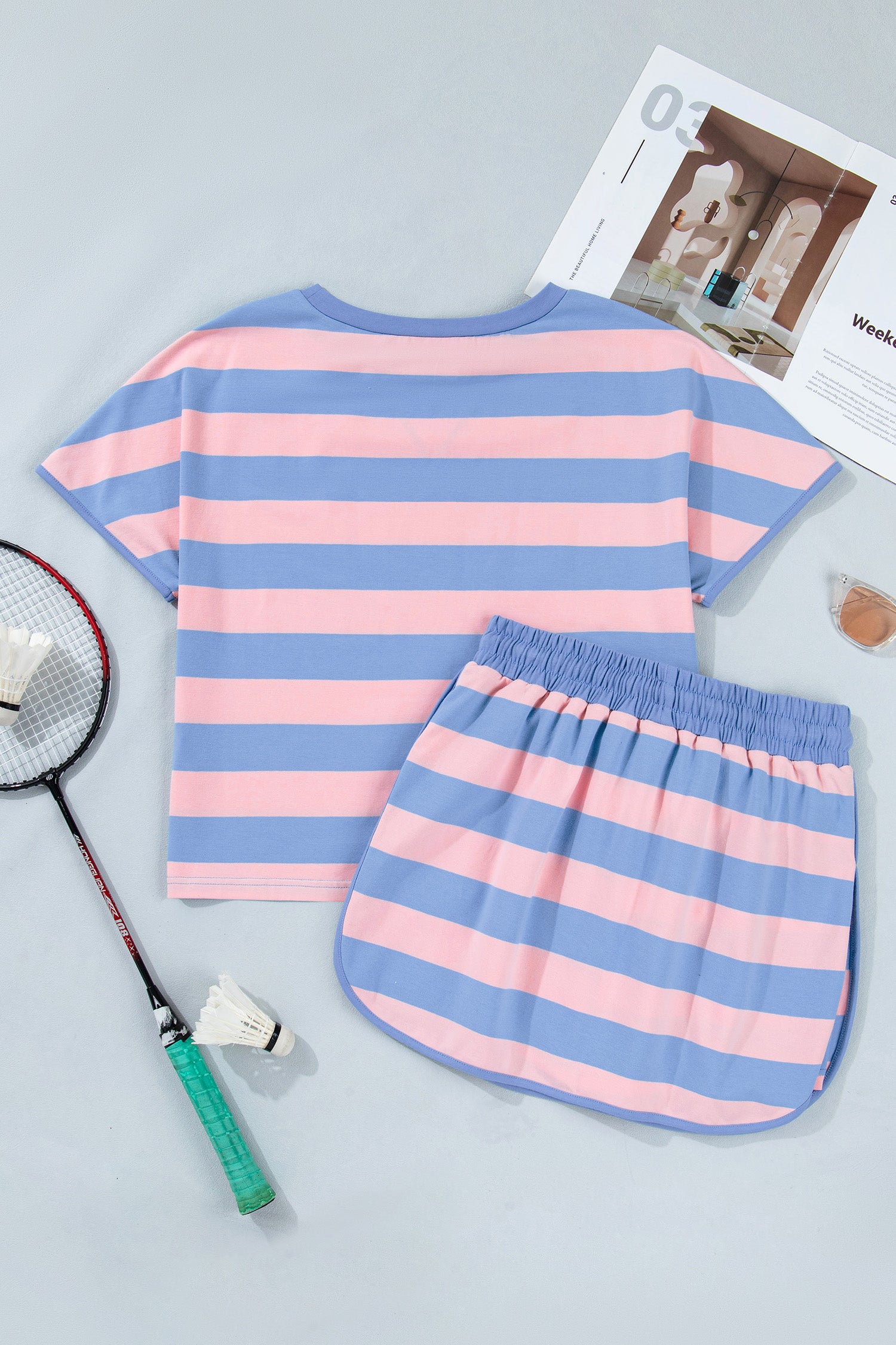 Pink Stripe Dolman Tee Drawstring Skort Athletic 2pcs Set