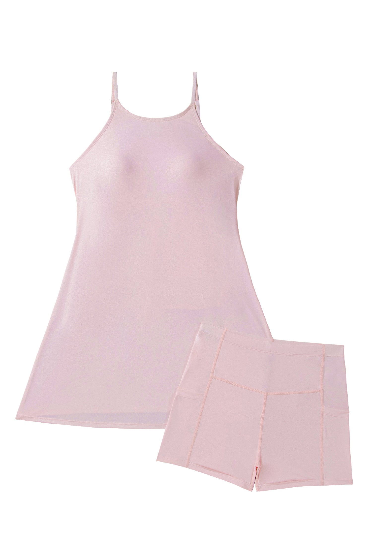 Pink Solid Color Tunic Tank Dress Athletic Shorts Two Piece Set